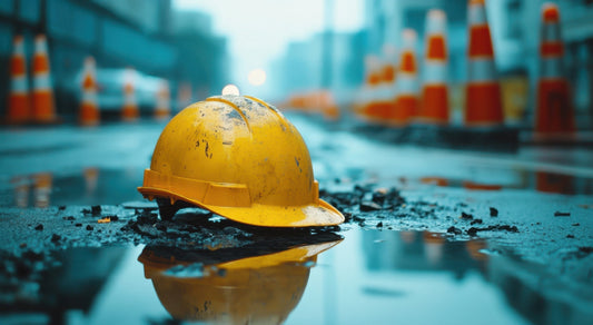 hard hat sitting in warehouse with safety cones lined up in the background