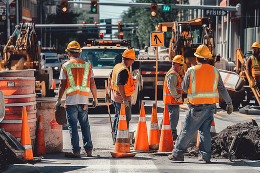 road construction workers in heavily traffic area