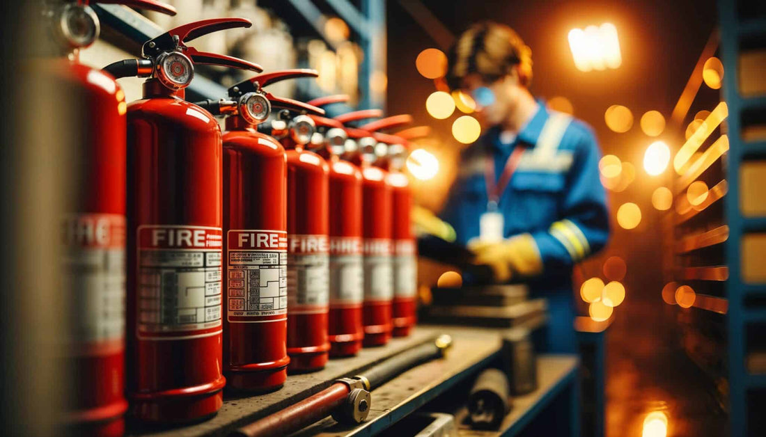 Row of fire extinguishers with a worker checking them