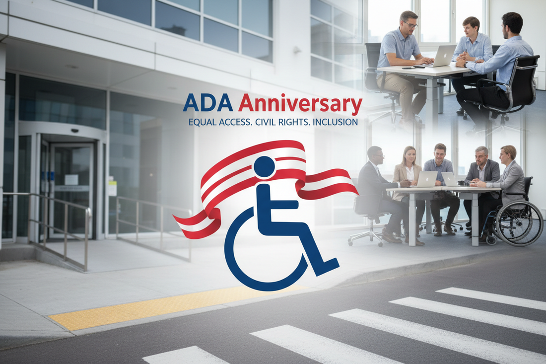 ADA Anniversary icon in front of building with two groups of people in the background