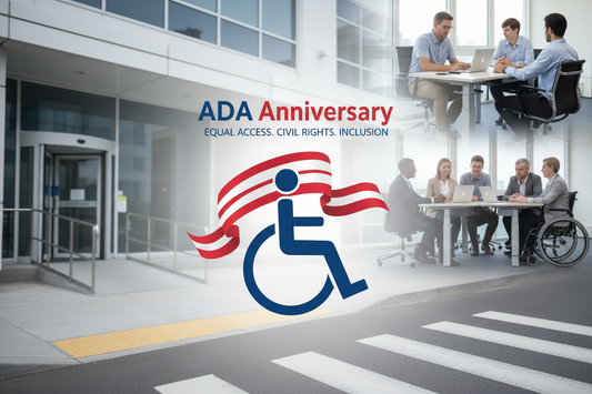ADA Anniversary icon in front of building with two groups of people in the background
