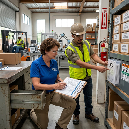 Two warehouse workers looking at safety materials.