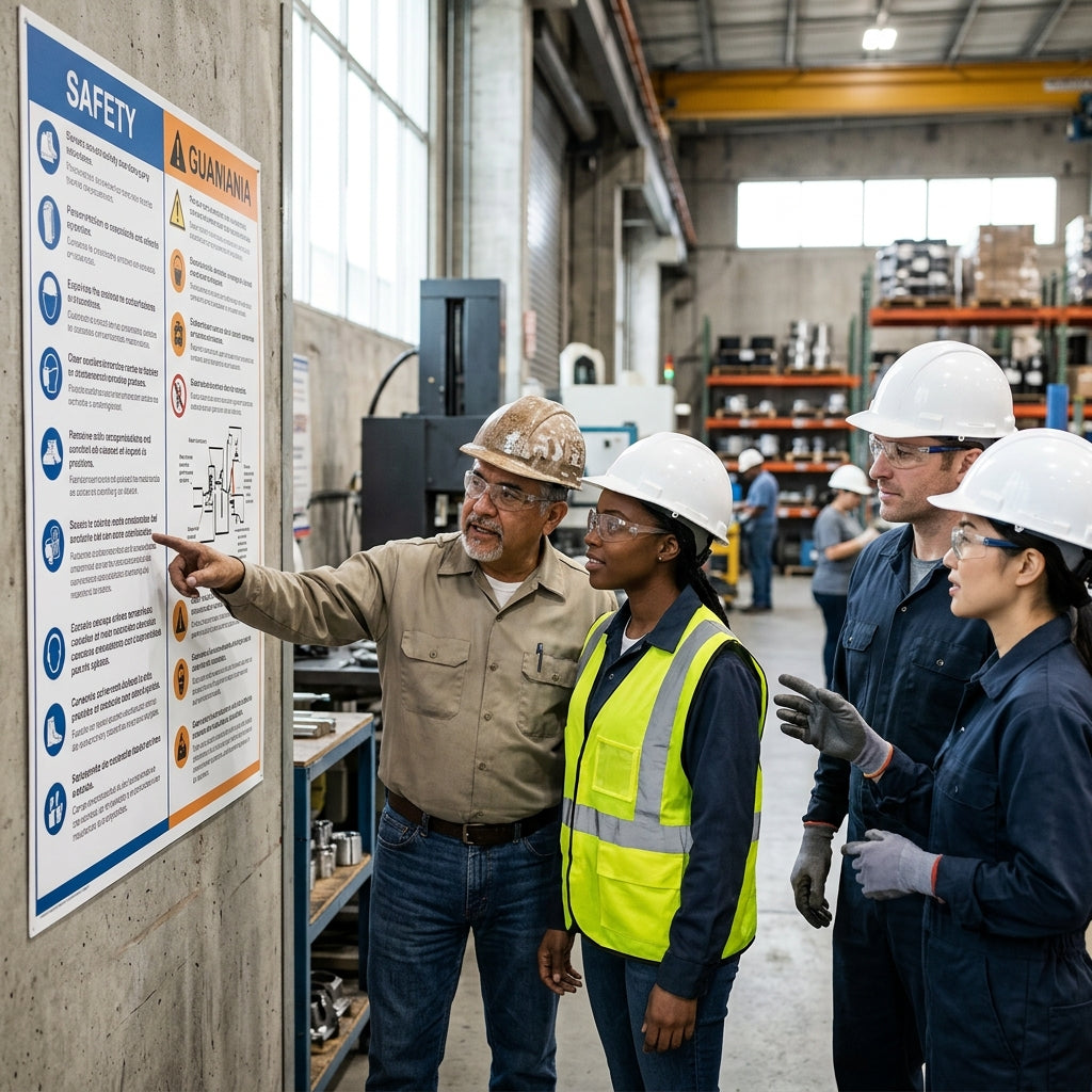 Group of four warehouse workers looking at bilingual safety poster together.