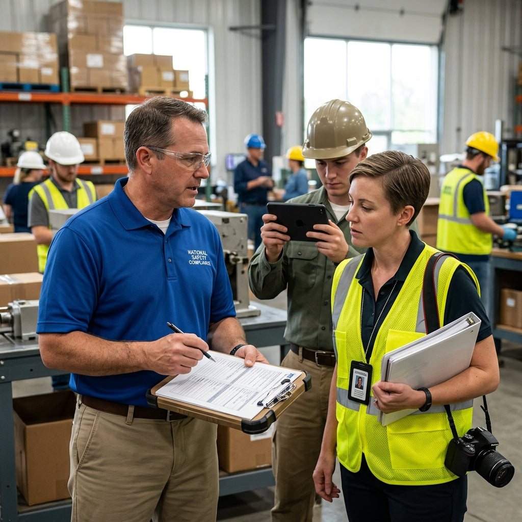 OSHA inspector talking with employees during inspection.