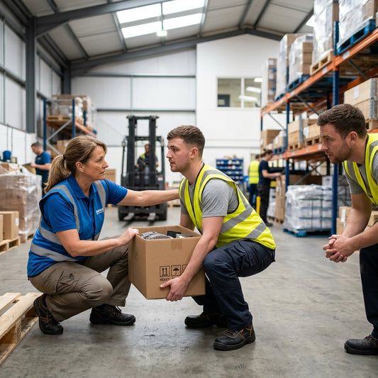 Three warehouse workers demonstrating proper lifting. 