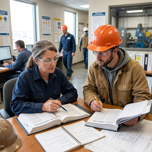Two construction workers looking at and comparing regulation books.