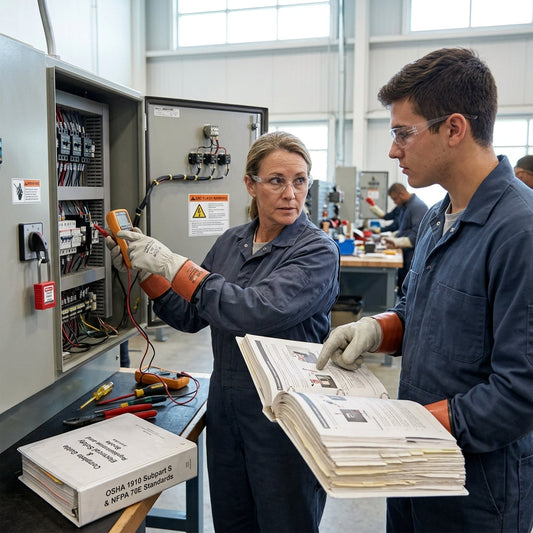 Two workers looking at large book while working on electrical box.