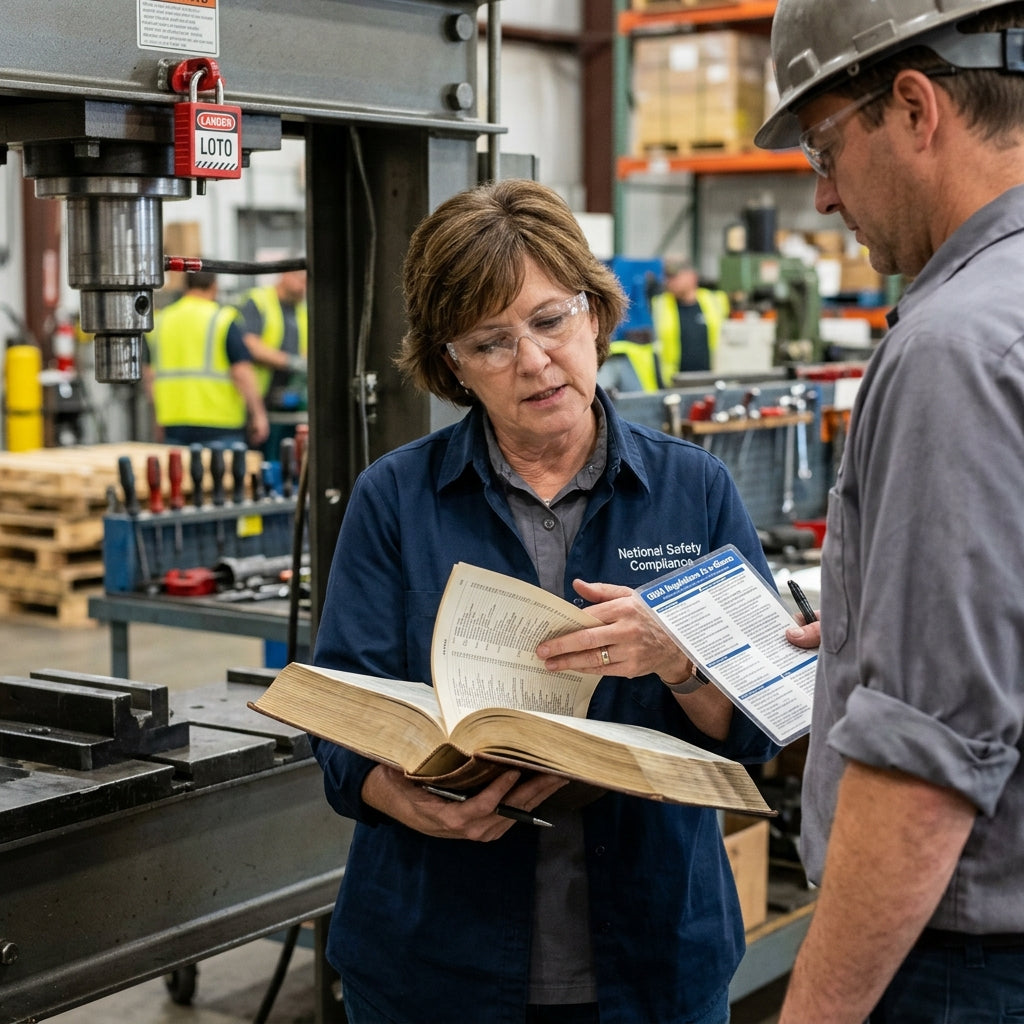 Two workers looking at large OSHA book for information.