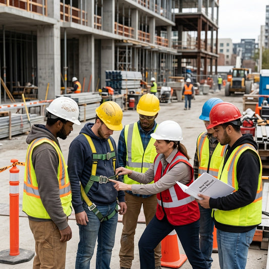 Group of six construction workers checking to see that PPE fits properly.