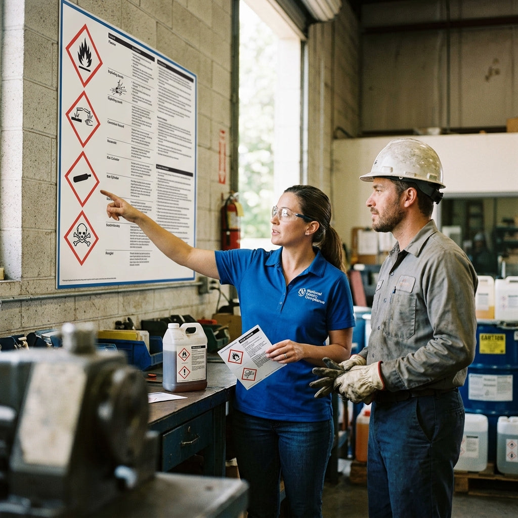 Two workers looking at poster on a bulletin board and pointing at a specific image.