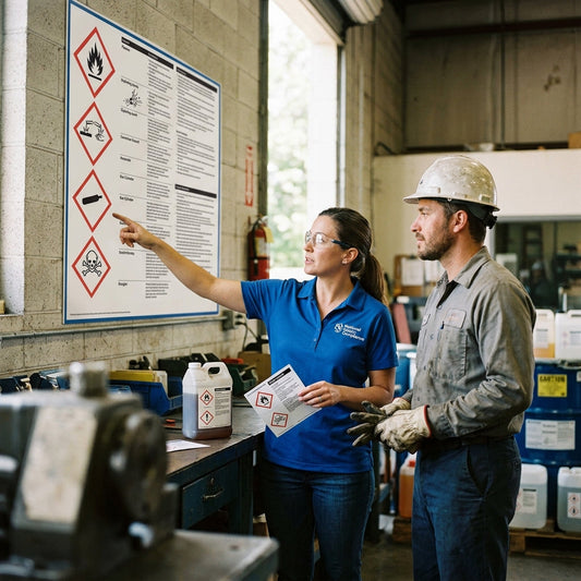 Two workers looking at poster on a bulletin board and pointing at a specific image.