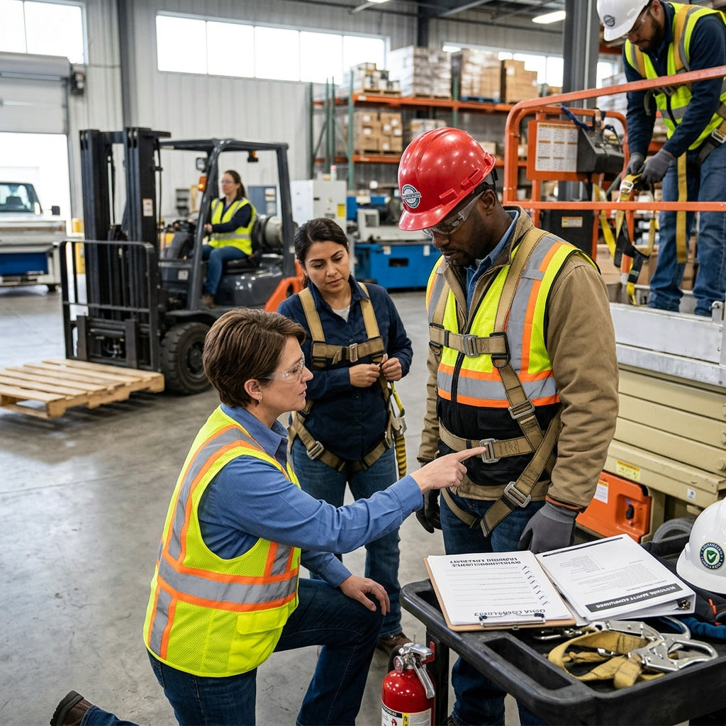 Group of warehouse workers checking PPE for proper fit.