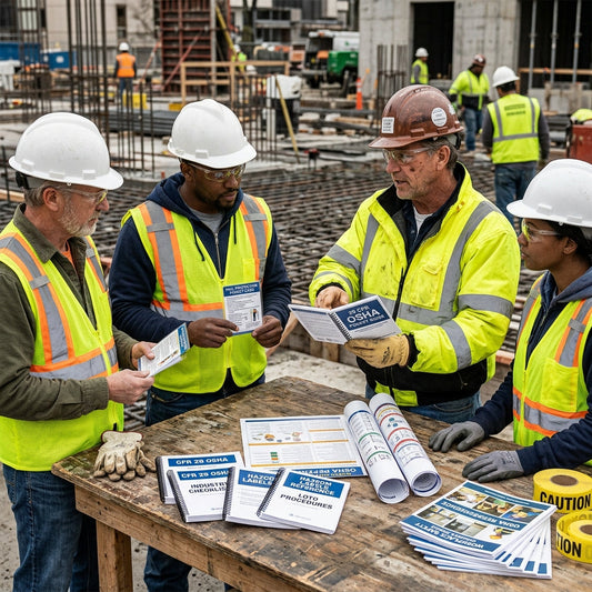 Group pf four construction workers having a toolbox talk.
