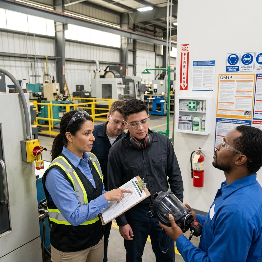 Group of factory workers discussing safety topic.