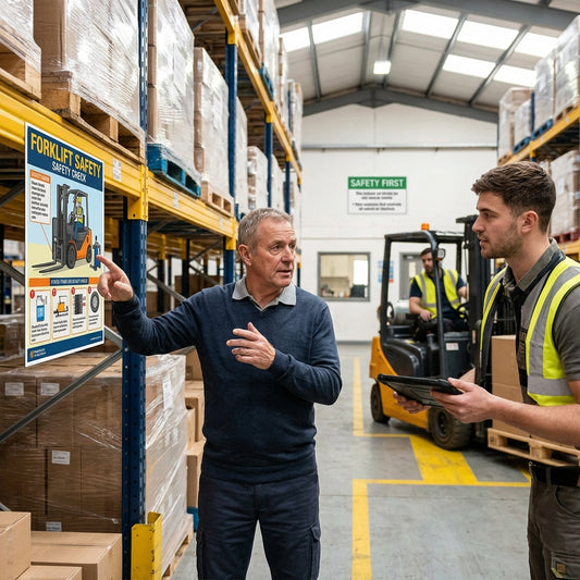 Two warehouse workers looking at a sign while another worker drives forklift in the background.
