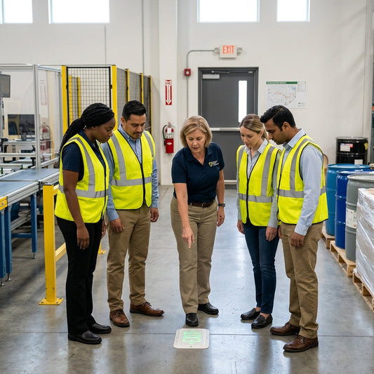 Group of warehouse workers looking at an exit sign discussing emergency procedures.