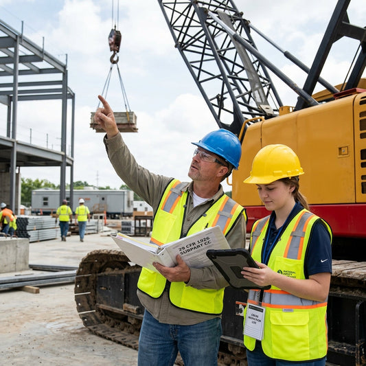 Two construction workers holding OSHA 1910 guideline notebook with a crane in the background.