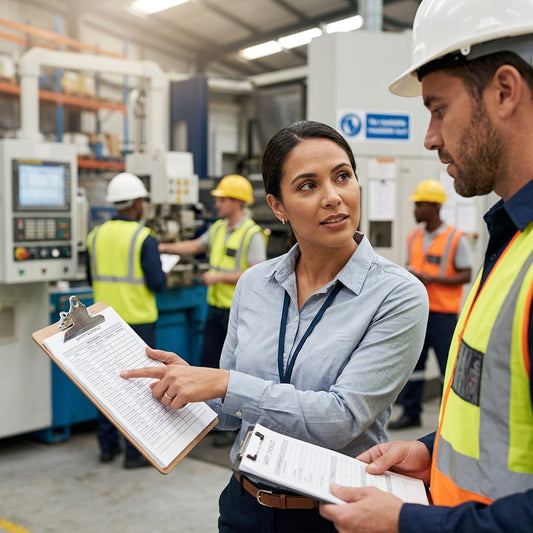 Two warehouse workers looking a checklist on clipboard.