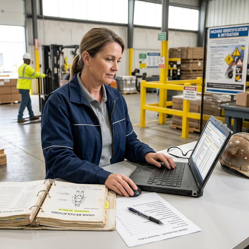Warehouse worker with large book and a laptop.