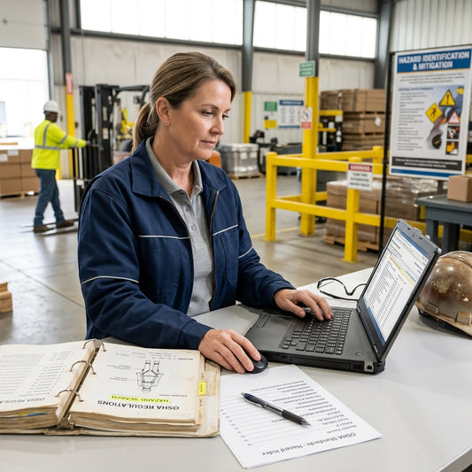 Warehouse worker with large book and a laptop.