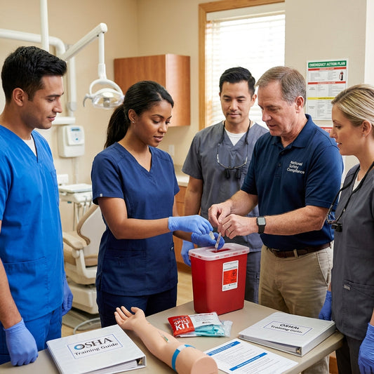 Group of medical workers practicing proper needle disposal. 