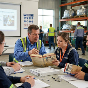 Group of warehouse workers at a table looking at OSHA books.