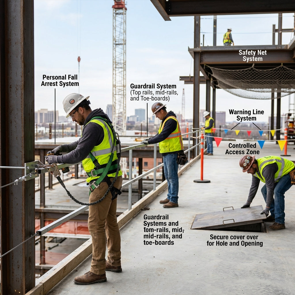 Three construction workers on site with fall hazard controls highlighted. 
