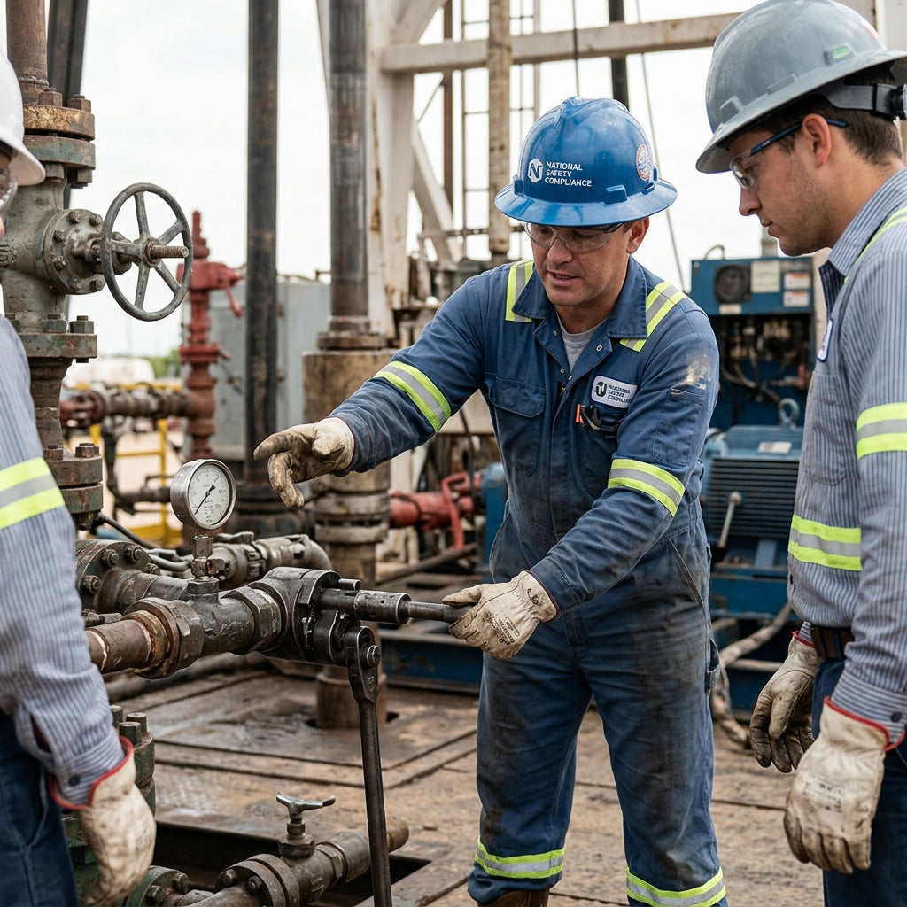 Group of three oil workers dealing with pressurized tanks.