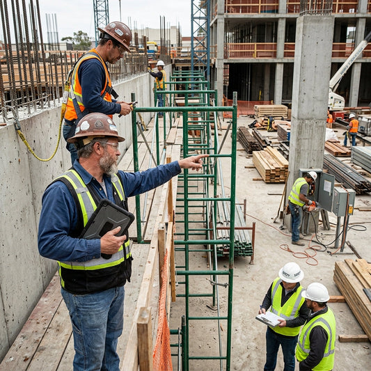 Construction worker pointing out something to another worker on a scaffold. 