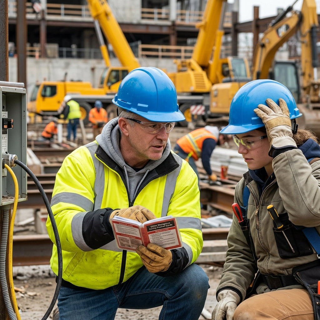 Two construction workers looking at a pocket guide together.