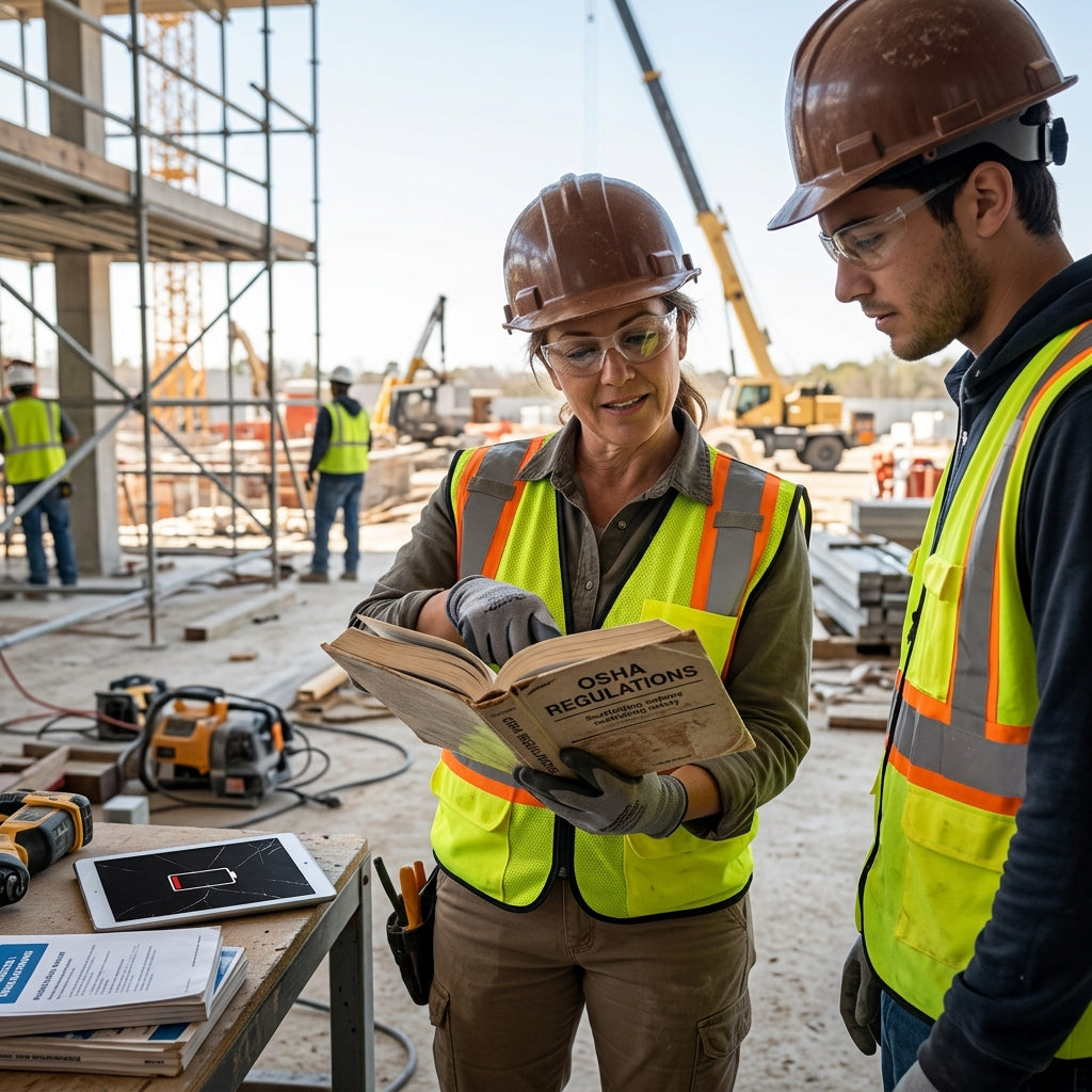 Two construction workers looking at OSHA regulation book. 