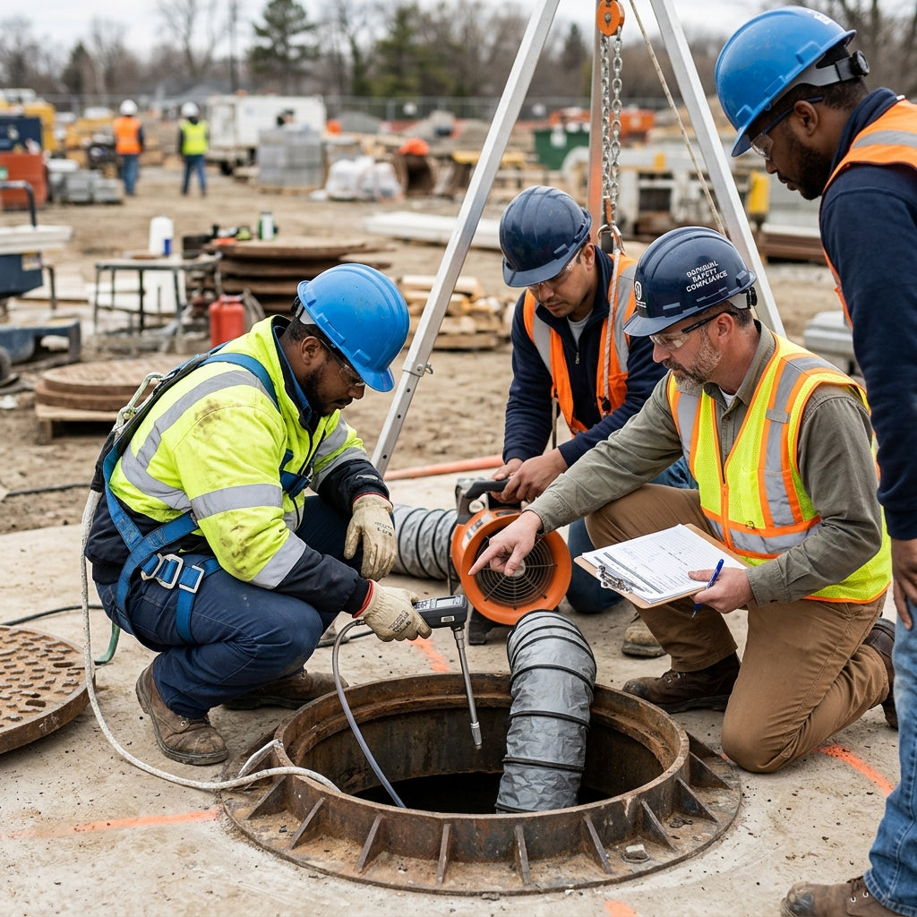 Two construction workers testing the air in a confined space.
