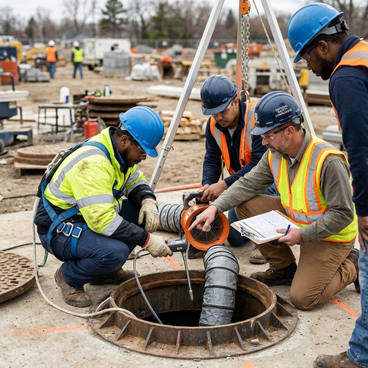 Two construction workers testing the air in a confined space.