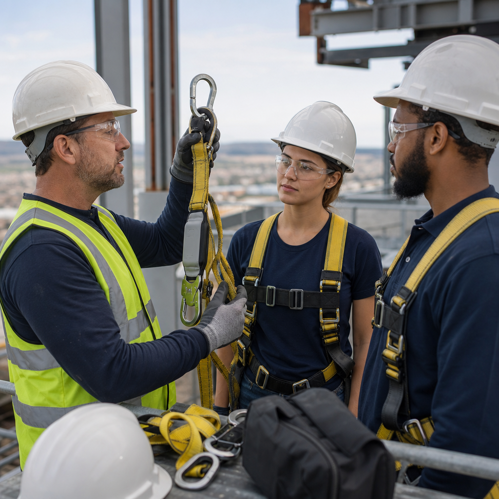 Three construction workers checking harness for safety.