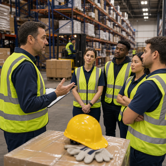 Warehouse safety training meeting.