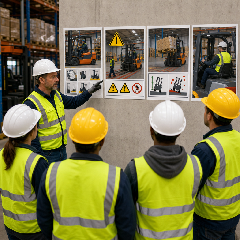 Workers looking at forklift posters to review training.