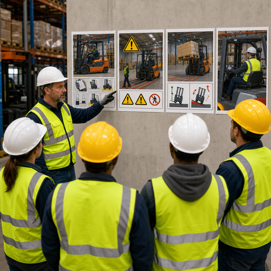 Workers looking at forklift posters to review training.