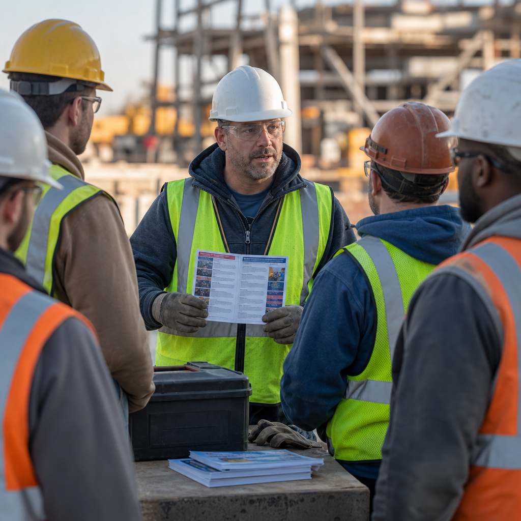Group of construction workers having a training before work.