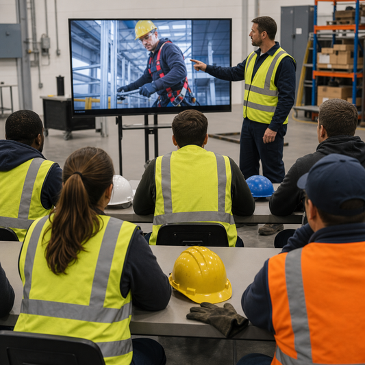 Group of workers watching a training video in classroom.