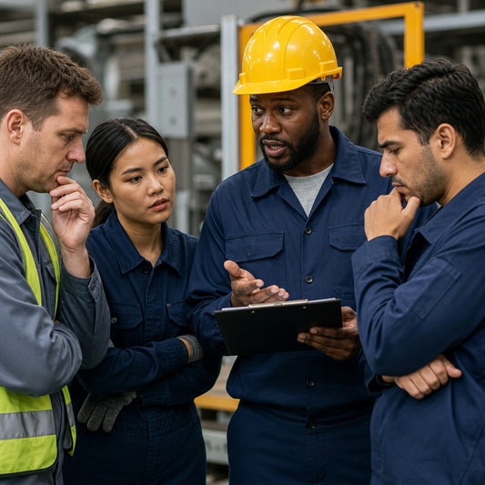 Group of warehouse workers in a discussion.