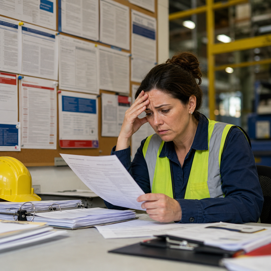 Female worker looking at paperwork and looking stressed.