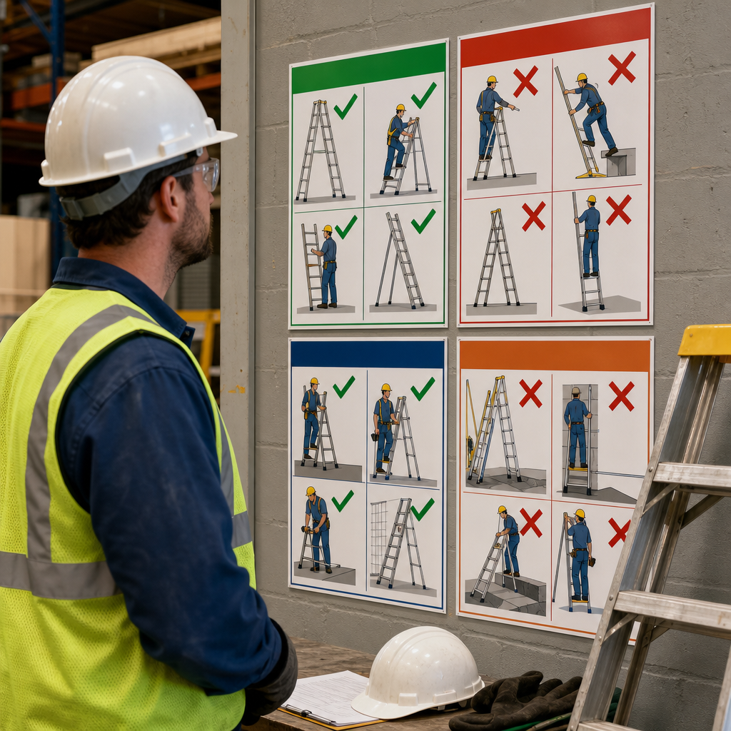 Individual worker looking at ladder poster.