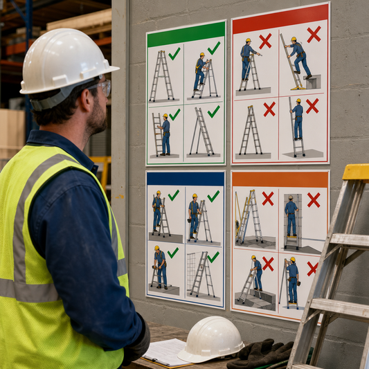 Individual worker looking at ladder poster.