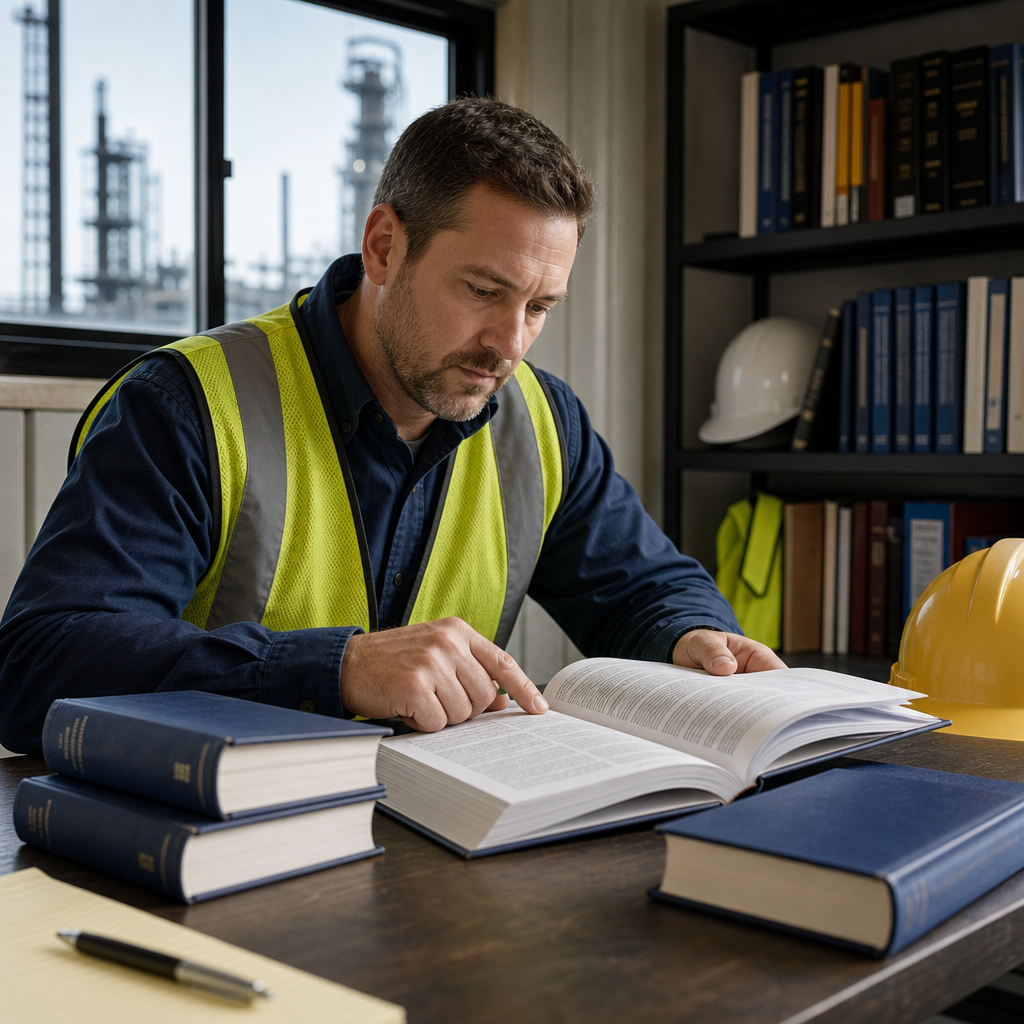 Worker sitting at desk looking at regulation book. 