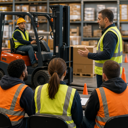 Group of warehouse workers having a forklift training class.