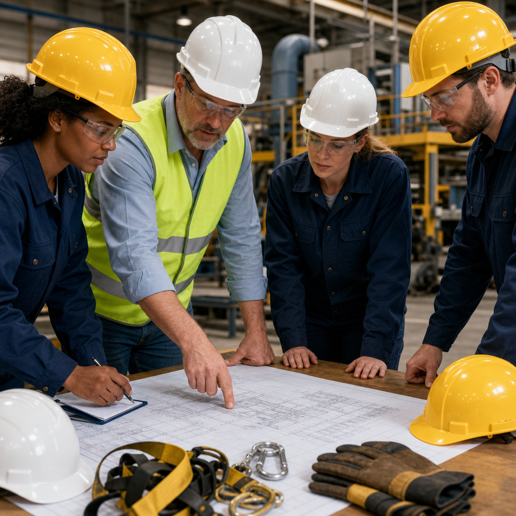 Group of warehouse workers looking over large planning pages.
