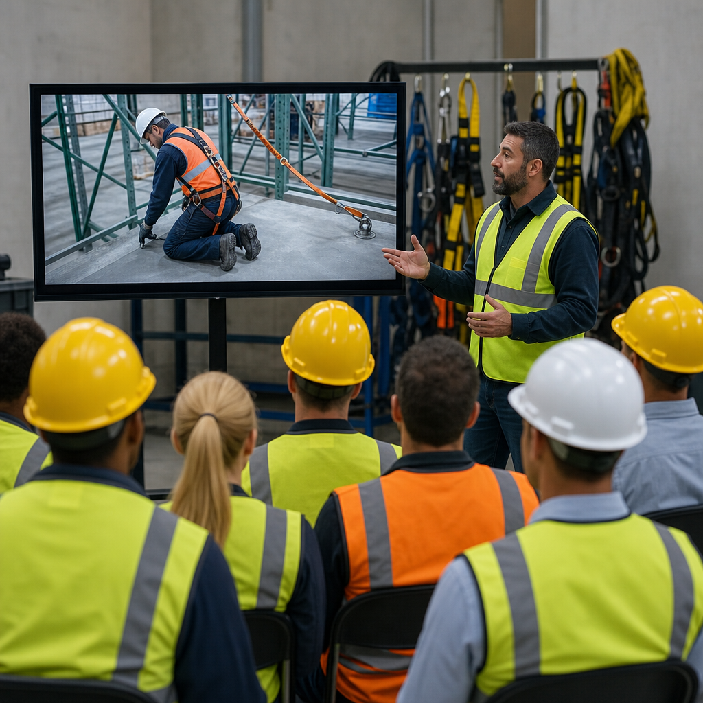 Group of construction workers watching a safety training video.