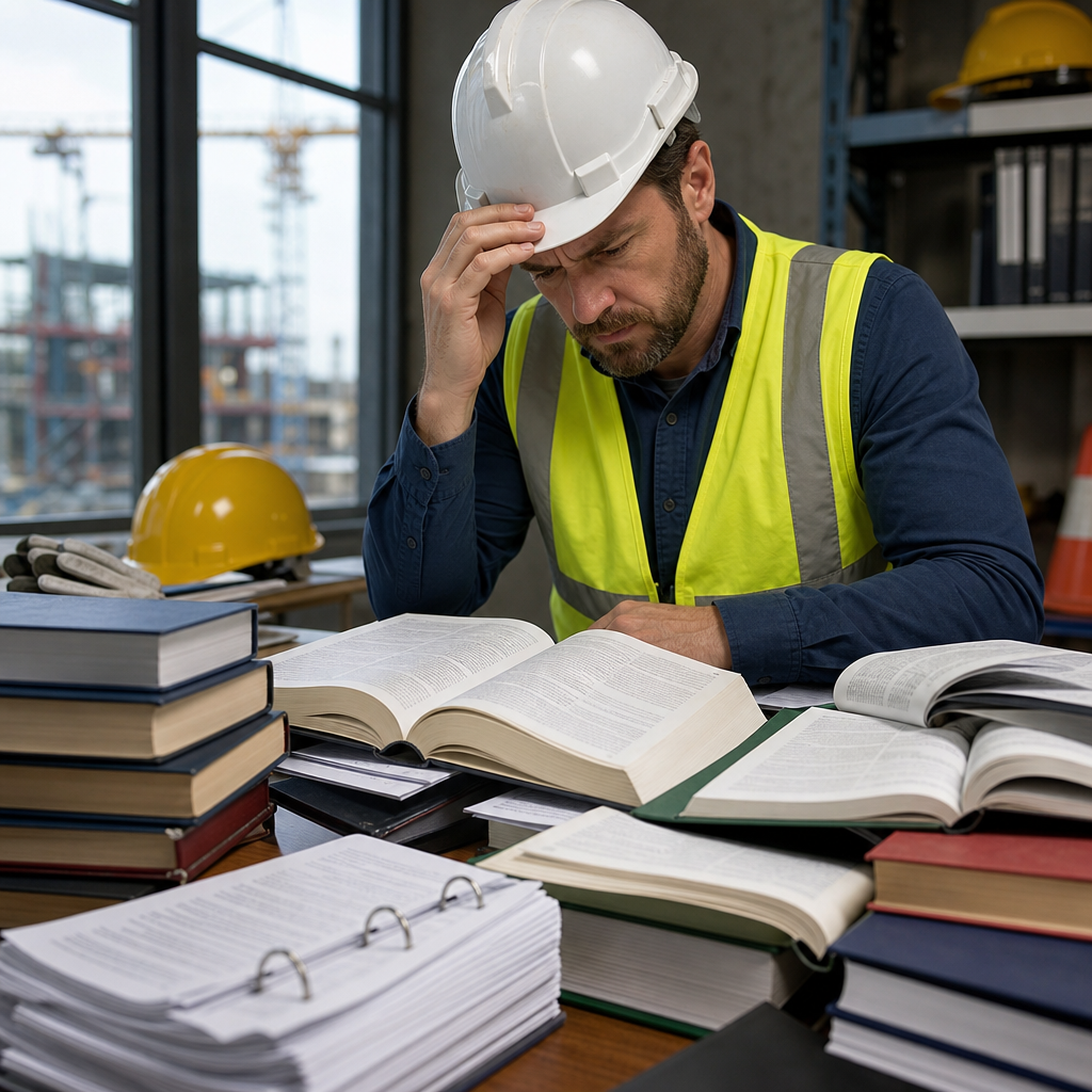 Construction worker reading large book.