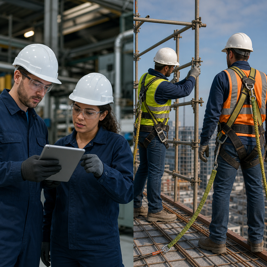 Construction workers on elevated platform look at tablet together.