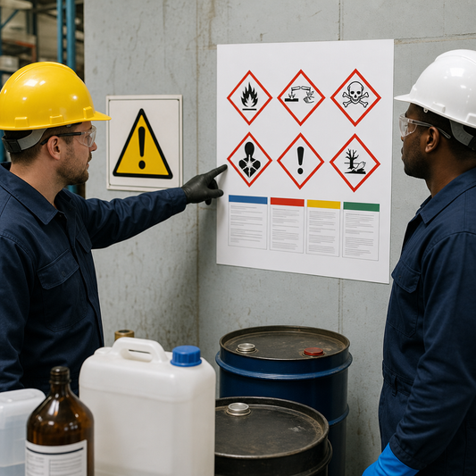 Two factory workers looking at a poster.